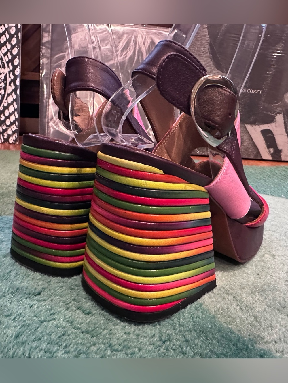 Fluevog NEARLY NEW Picnic Kerry striped rainbow heel platform open-toe sandal -6 - Picture 5 of 16